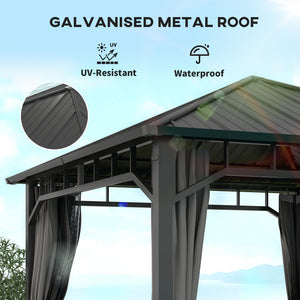 3 x 3(m) Hardtop Gazebo with Galvanised Steel Roof and Water Gutter, Waterproof Permanent Pavilion Garden Gazebo with Netting and Curtains for Patio, Deck