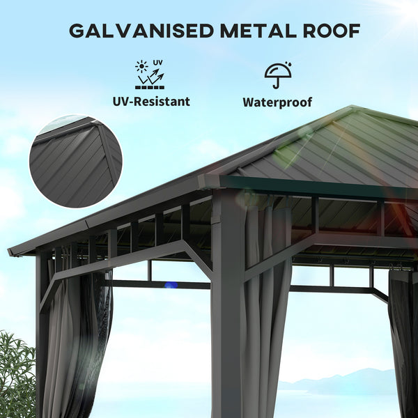 3 x 3(m) Hardtop Gazebo with Galvanised Steel Roof and Water Gutter, Waterproof Permanent Pavilion Garden Gazebo with Netting and Curtains for Patio, Deck