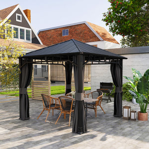 3 x 3(m) Hardtop Gazebo with Galvanised Steel Roof and Water Gutter, Waterproof Permanent Pavilion Garden Gazebo with Netting and Curtains for Patio, Deck