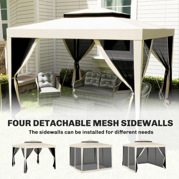 10' x 10' Canopy Tent, Party Tent with Mesh Netting and Double Tier Roof for Backyard, Garden, Patio, Outdoor, Beige