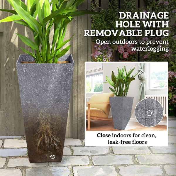 28 Inch Tall Planters for Outdoor Plants, Set of 3 Plastic Flower Pots with Marble Finish and Drainage Holes, Stackable Tapered Large Planters for Indoor Plants, Front Porch Decor, Gray
