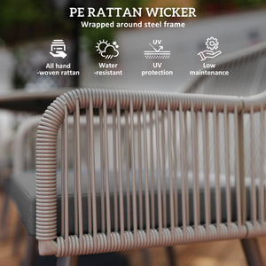 4 Seater Rattan Dining Set, Rattan Garden Furniture Set with Parasol Hole, Outdoor Dining Table and Chairs Set with Cushions, Round Glass Top Table for Patio, Balcony, Light Brown