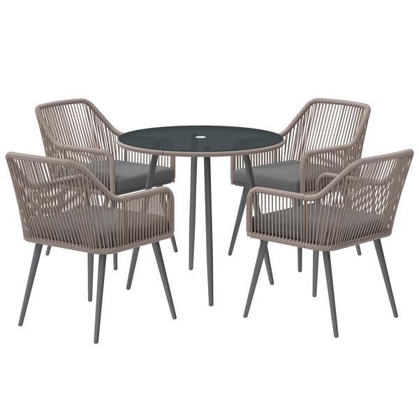 4 Seater Rattan Dining Set, Rattan Garden Furniture Set with Parasol Hole, Outdoor Dining Table and Chairs Set with Cushions, Round Glass Top Table for Patio, Balcony, Light Brown