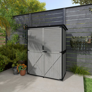 Outdoor Storage Cabinet, Wood Garden Tool Shed with Lock, Steel Frame and Asphalt Roof, Garden Storage Shed with Adjustable Shelves and Feet for Patio Backyard Lawn, Gray