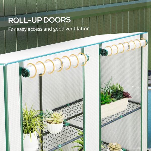 3 Tier Lean-to Mini Greenhouse with Reinforced PE Cover, Portable Small Greenhouse with Roll-Up Door, Green Hemmed Edging, 144 x 48 x 152cm, White