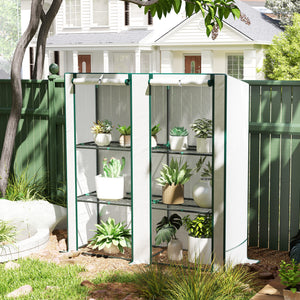 3 Tier Lean-to Mini Greenhouse with Reinforced PE Cover, Portable Small Greenhouse with Roll-Up Door, Green Hemmed Edging, 144 x 48 x 152cm, White