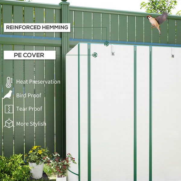 3 Tier Lean-to Mini Greenhouse with Reinforced PE Cover, Portable Small Greenhouse with Roll-Up Door, Green Hemmed Edging, 144 x 48 x 152cm, White