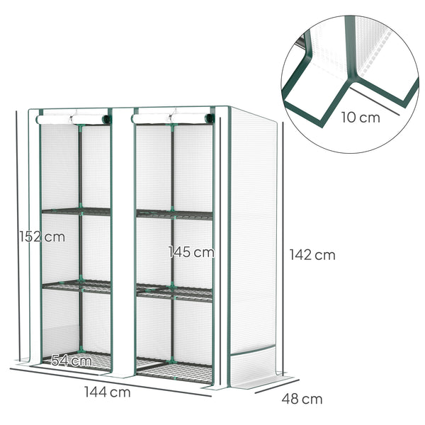 3 Tier Lean-to Mini Greenhouse with Reinforced PE Cover, Portable Small Greenhouse with Roll-Up Door, Green Hemmed Edging, 144 x 48 x 152cm, White