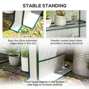 3 Tier Lean-to Mini Greenhouse with Reinforced PE Cover, Portable Small Greenhouse with Roll-Up Door, Green Hemmed Edging, 144 x 48 x 152cm, White
