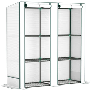 3 Tier Lean-to Mini Greenhouse with Reinforced PE Cover, Portable Small Greenhouse with Roll-Up Door, Green Hemmed Edging, 144 x 48 x 152cm, White