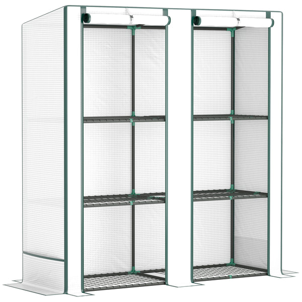 3 Tier Lean-to Mini Greenhouse with Reinforced PE Cover, Portable Small Greenhouse with Roll-Up Door, Green Hemmed Edging, 144 x 48 x 152cm, White