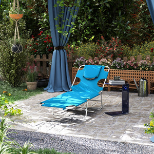 Folding Lounge Chair Outdoor Tanning Chair with Face Hole, 5-Position Reclining Sun Lounger Chaise Lounge Cot with Side Pocket, Carry Strap for Beach Pool, Yard, Blue
