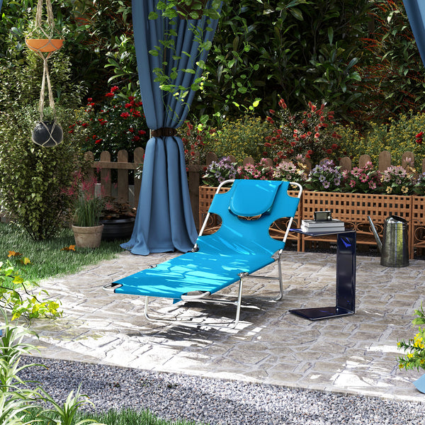 Folding Lounge Chair Outdoor Tanning Chair with Face Hole, 5-Position Reclining Sun Lounger Chaise Lounge Cot with Side Pocket, Carry Strap for Beach Pool, Yard, Blue