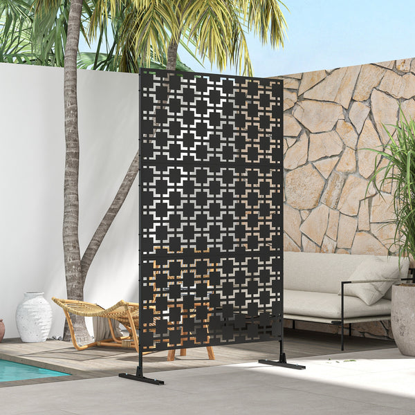 Metal Outdoor Privacy Screen, Decorative Outdoor Divider with Stand and Expansion Screws, Freestanding Privacy Panel for Garden, Backyard, Deck, Grid Style, Black