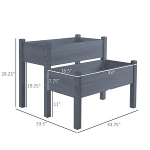 Outsunny 34"x34"x28" Raised Garden Bed, 2-Tier Elevated Wood Planter Box for Backyard, Patio to Grow Vegetables, Herbs, and Flowers, Gray