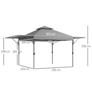 3 x 3(m) Pop Up Gazebo with Extend Dual Awnings, 1 Person Easy up Marquee Party Tent with 1-Button Push, Double Roof, Wheeled Bag, Sandbags, Height Adjustable Instant Shelter, Grey