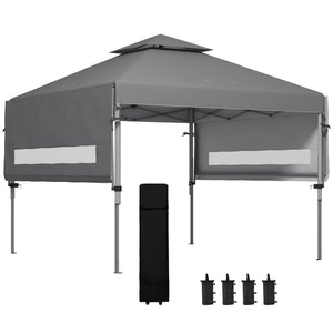 3 x 3(m) Pop Up Gazebo with Extend Dual Awnings, 1 Person Easy up Marquee Party Tent with 1-Button Push, Double Roof, Wheeled Bag, Sandbags, Height Adjustable Instant Shelter, Grey