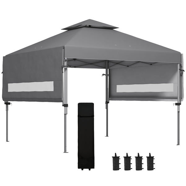 3 x 3(m) Pop Up Gazebo with Extend Dual Awnings, 1 Person Easy up Marquee Party Tent with 1-Button Push, Double Roof, Wheeled Bag, Sandbags, Height Adjustable Instant Shelter, Grey