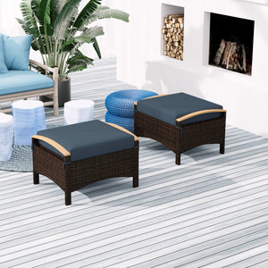 Wicker Outdoor Ottoman, 2 Pieces Outdoor Ottomans and Footstools with Removable Cushion, PE Rattan Outdoor Footstool, Footrest, Side Table for Backyard, Porch, Navy Blue