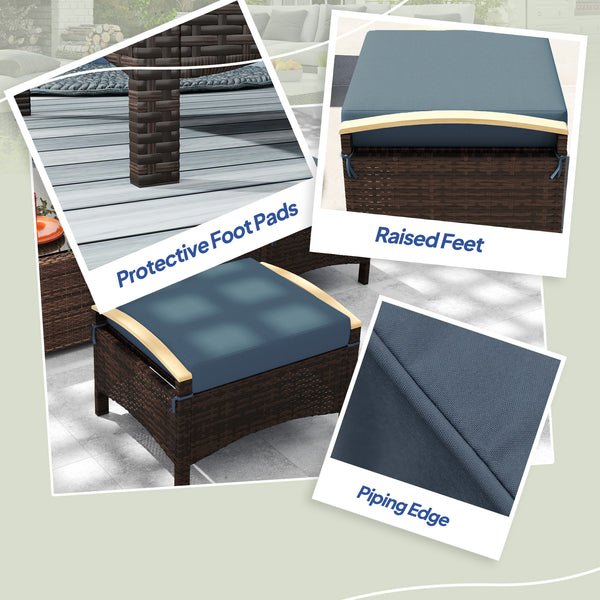 Wicker Outdoor Ottoman, 2 Pieces Outdoor Ottomans and Footstools with Removable Cushion, PE Rattan Outdoor Footstool, Footrest, Side Table for Backyard, Porch, Navy Blue