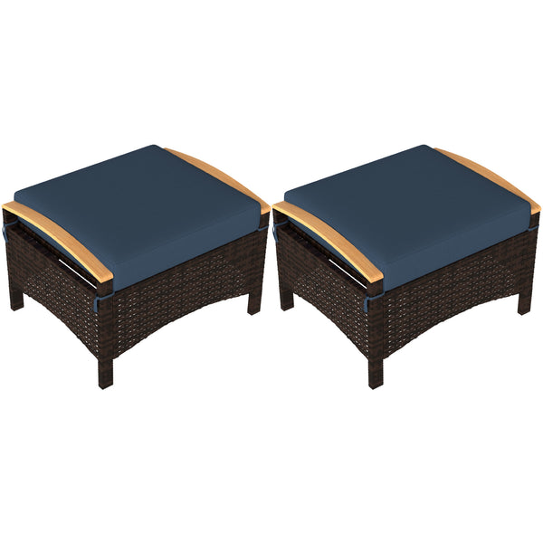 Wicker Outdoor Ottoman, 2 Pieces Outdoor Ottomans and Footstools with Removable Cushion, PE Rattan Outdoor Footstool, Footrest, Side Table for Backyard, Porch, Navy Blue