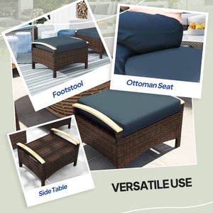 Wicker Outdoor Ottoman, 2 Pieces Outdoor Ottomans and Footstools with Removable Cushion, PE Rattan Outdoor Footstool, Footrest, Side Table for Backyard, Porch, Navy Blue