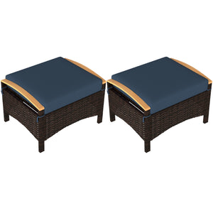 Wicker Outdoor Ottoman, 2 Pieces Outdoor Ottomans and Footstools with Removable Cushion, PE Rattan Outdoor Footstool, Footrest, Side Table for Backyard, Porch, Navy Blue