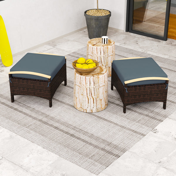 Wicker Outdoor Ottoman, 2 Pieces Outdoor Ottomans and Footstools with Removable Cushion, PE Rattan Outdoor Footstool, Footrest, Side Table for Backyard, Porch, Navy Blue