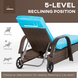 3 Pieces Wicker Patio Lounger Set with Table, PE Rattan Outdoor Lounge Chair Set with Cushions, Wheels, 5-Level Reclining Backrest, Headrest, Brown/Blue