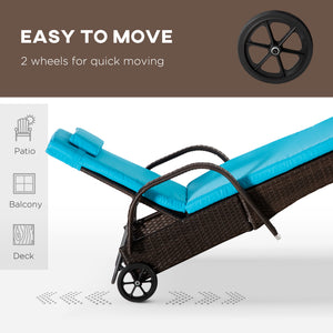 3 Pieces Wicker Patio Lounger Set with Table, PE Rattan Outdoor Lounge Chair Set with Cushions, Wheels, 5-Level Reclining Backrest, Headrest, Brown/Blue