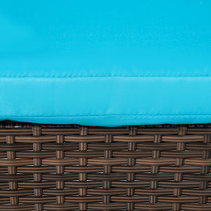 3 Pieces Wicker Patio Lounger Set with Table, PE Rattan Outdoor Lounge Chair Set with Cushions, Wheels, 5-Level Reclining Backrest, Headrest, Brown/Blue