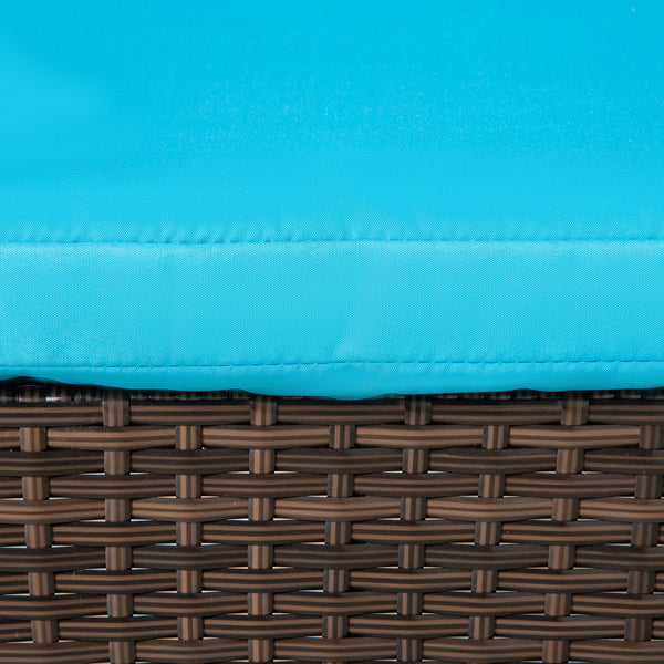 3 Pieces Wicker Patio Lounger Set with Table, PE Rattan Outdoor Lounge Chair Set with Cushions, Wheels, 5-Level Reclining Backrest, Headrest, Brown/Blue