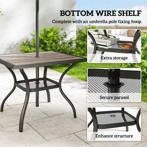 Outdoor Dining Table for 4 People, 37" Square Outdoor Patio Table with Umbrella Hole, Storage Shelf and Faux Wood Top, Metal Frame Outdoor Furniture for Garden, Backyard, Deck, Gray