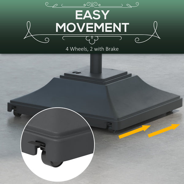 Square Parasol Base with Wheels, 45kg Water or 60kg Sand Filled, Heavy Duty HDPE Umbrella Stand with Double Adjustable Knob, Fillable Parasol Stand for 38mm and 48mm Poles, Black