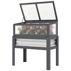 Wooden Raised Garden Bed with Flip-Up Greenhouse Top, Raised Garden Bed with Legs and Bed Liner, Elevated Planter Box for Flowers, Vegetables, Herbs, Gray