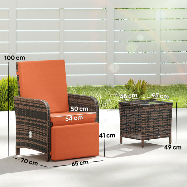 3 Pieces Rattan Bistro Set, Reclining Garden Chairs and 2-Tier Storage Glass-Top Table, PE Wicker Garden Furniture Conversation Set with Cushions for Outdoor, Patio, Balcony, Orange