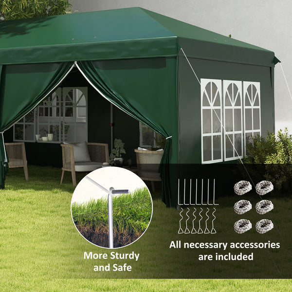 3 x 6 m Pop Up Gazebo with Sides and Windows, Height Adjustable Wedding Camping Party Tent Canopy Marquee with Storage Bag for Garden, Event, Green