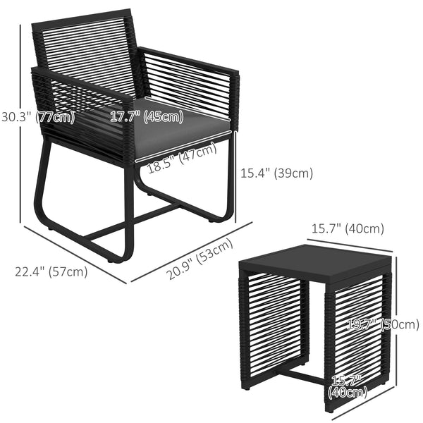 3 Pieces Wicker Patio Furniture Set, Rattan Bistro Set with Glass Top Coffee Table and Cushions, Outdoor Conversation Set for Garden, Porch, Balcony, Black