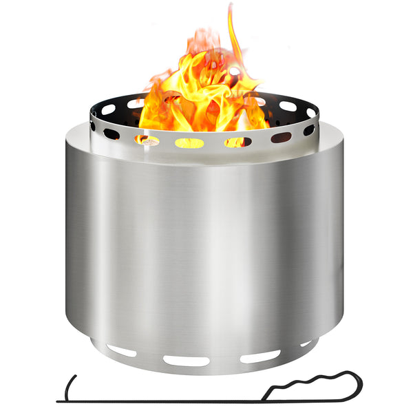 Smokeless Fire Pit, 48.5cm Portable Wood Burning Firepit with Poker for Garden Camping Bonfire Party, Stainless Steel, Silver