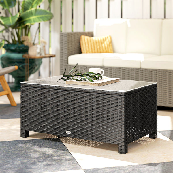 Rattan Coffee Table, Patio Side Table, Hand-woven Wicker Furniture with Tempered Glass Top Outdoor Garden Patio, Dark Grey