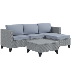 5 Pieces PE Rattan Garden Furniture Set, 4 Seater Garden Corner Sofa Set with Glass Coffee Table, Wicker Outdoor Furniture Set with Cushions for Patio Deck, Grey