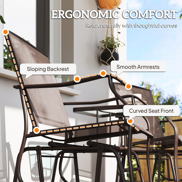 Double Patio Glider Chair with Glass Top Center Table, Outdoor Glider Loveseat with High Back,  All Weather Breathable Mesh Fabric for Garden, Backyard, Deck, Brown