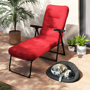 Outdoor Lounge Chair with Padded Cushion, Folding Reclining Patio Garden Chair with Recline Back, Footrest, for Poolside, Patio, Wine Red