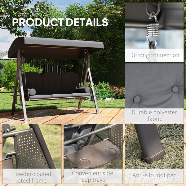 3 Seater Canopy Swing Chair, Outdoor Garden Swing Seat with Adjustable Canopy, Cushions and Cup Trays, Steel Frame, Dark Grey