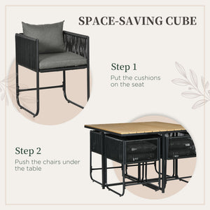 4 Seater Rattan Cube Garden Furniture Set, Rattan Dining Set with Cushions, Outdoor Dining Table and Chairs with Rectangular Wood Grain Plastic Top Table for Patio, Balcony, Black