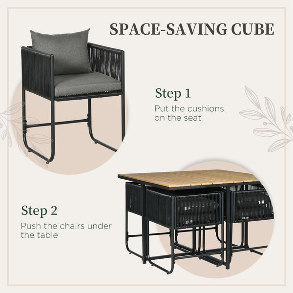 4 Seater Rattan Cube Garden Furniture Set, Rattan Dining Set with Cushions, Outdoor Dining Table and Chairs with Rectangular Wood Grain Plastic Top Table for Patio, Balcony, Black