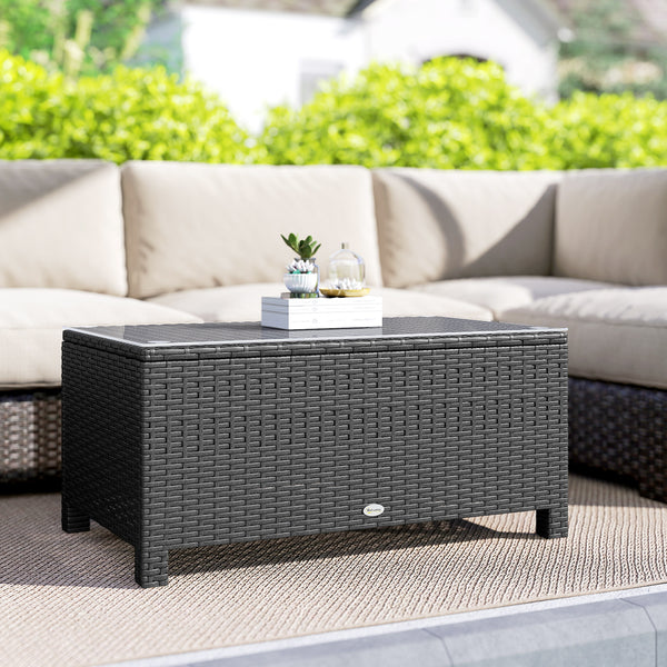 Rattan Coffee Table, Patio Side Table, Hand-woven Wicker Furniture with Tempered Glass Top Outdoor Garden Patio, Dark Grey