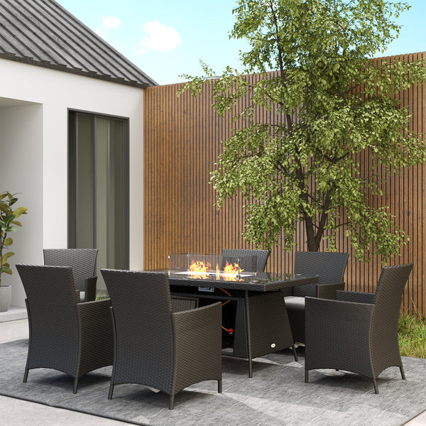 7 Pieces Outdoor Rattan Garden Furniture with Fire Pit Table, 6 Seater Garden Table and Chairs with Cushions, Rattan Dining Set with Propane Heater Table, Windscreen, 50,000 BTU, Black