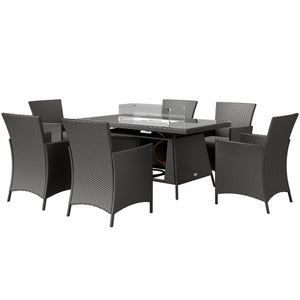 7 Pieces Outdoor Rattan Garden Furniture with Fire Pit Table, 6 Seater Garden Table and Chairs with Cushions, Rattan Dining Set with Propane Heater Table, Windscreen, 50,000 BTU, Black
