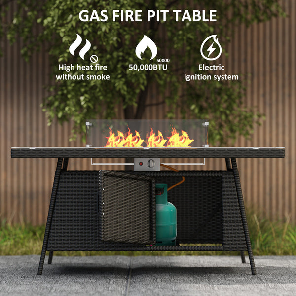 7 Pieces Outdoor Rattan Garden Furniture with Fire Pit Table, 6 Seater Garden Table and Chairs with Cushions, Rattan Dining Set with Propane Heater Table, Windscreen, 50,000 BTU, Black